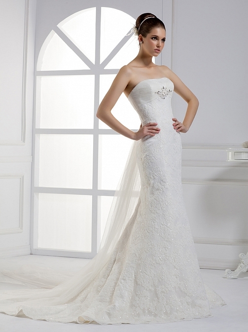 Strapless Chapel Train Lace Mermaid Natural Waist Sleeveless Wedding Dress