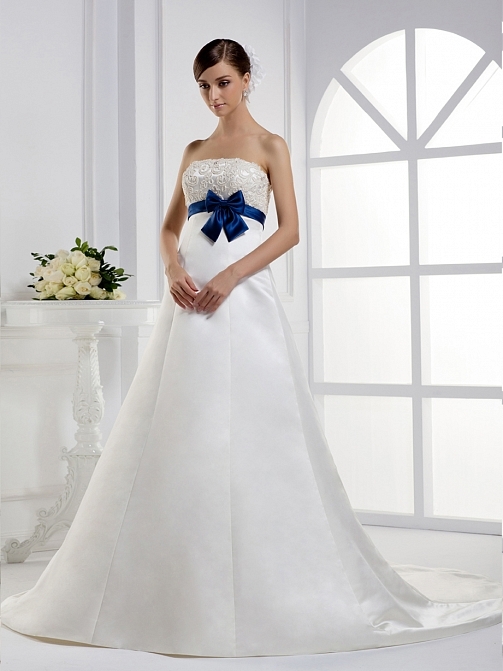 Strapless Empire Princess Satin Chapel Train Floor Length Wedding Dress