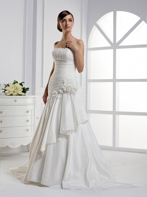 Strapless Fit N Flare Asymmetric Waist Taffeta Floor Length Wedding Dress
