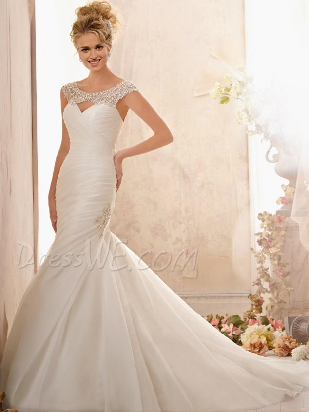 Stunning Mermaid Scoop Neck Beads Court Train Zipper-Up Wedding Dress