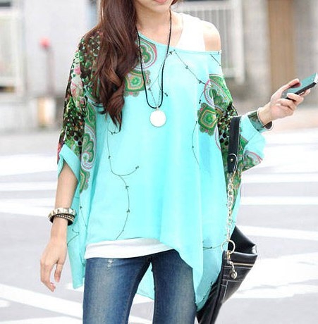 Stylish Women's Scoop Neck Batwing Sleeve Printed Loose-Fitting Chiffon Blouse