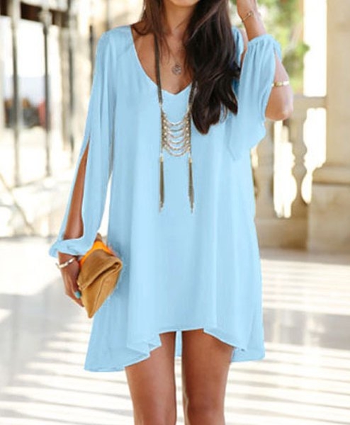 Stylish Women's V-Neck Long Sleeve Hollow Out Chiffon Dress