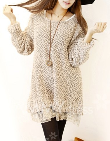 Sweet Scoop Neck Solid Color Lace Splicing Long Sleeves Slimming Dress