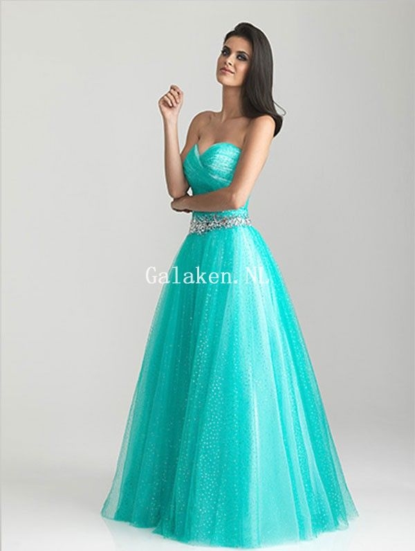 Sweetheart Blauw Tulle Kralen lovertjes Vloer lengte Rits Omhoog Galajurken
