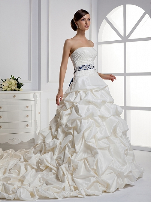 Taffeta Ball Gown Natural Waist Strapless Floor Length Cathedral Train Wedding Dress