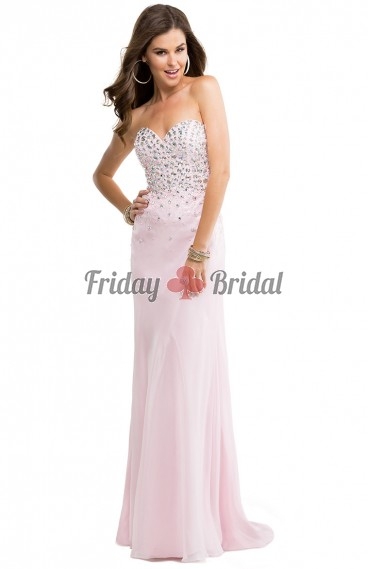 The elegant lignt pink strapless sweetheart neck column chiffon floor-length bridesmaid dress prom d