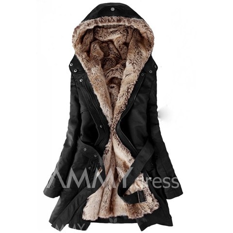 Thickened Faux Fur Lined Waistband Beam Waist Pockets Korean Style Cotton Solid Color Coat