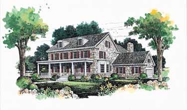 Three story traditional country stone farmhouse with front porch [house plan]