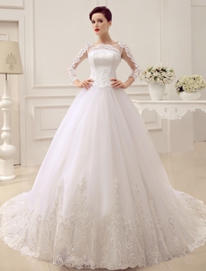 Tiered Cathedral Train Applique Bridal Wedding Gown With Crewneck