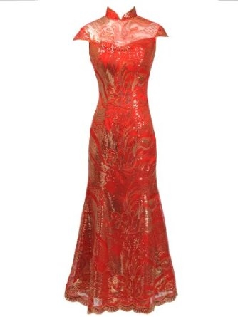 Topwedding Fully Sequined Lace over Silk Mermaid Floor Length Red Cheongsam