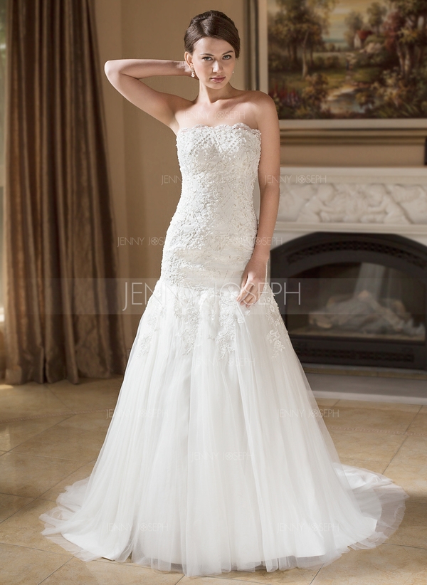 Trägerlos Gericht Schleppe Satin Tüll Brautkleid mit Spitze Perlen