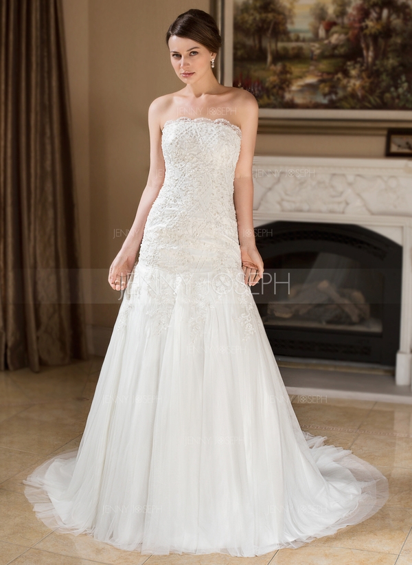 Trägerlos Gericht Schleppe Satin Tüll Brautkleid mit Spitze Perlen - Image 2
