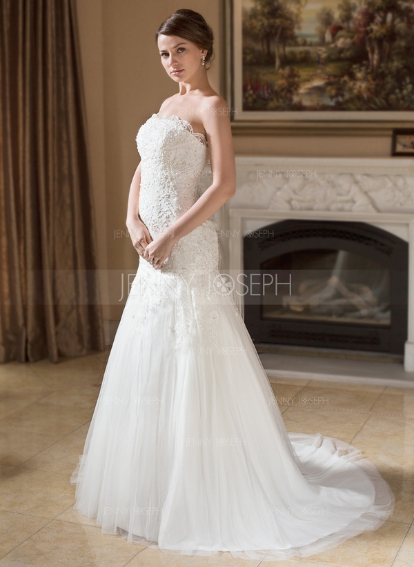 Trägerlos Gericht Schleppe Satin Tüll Brautkleid mit Spitze Perlen - Image 3