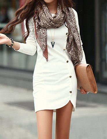 Trendy Buttons Design Long Sleeve Round Collar Solid Color Pullover Dress 