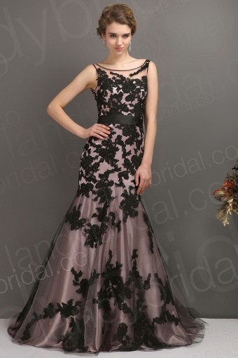 Trendy Trumpet Mermaid Bateau Sweep Brush Train Lace Black Evening Dress