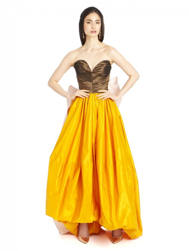 TRI-COLOR SILK TAFFETA GOWN WITH BOW BACK