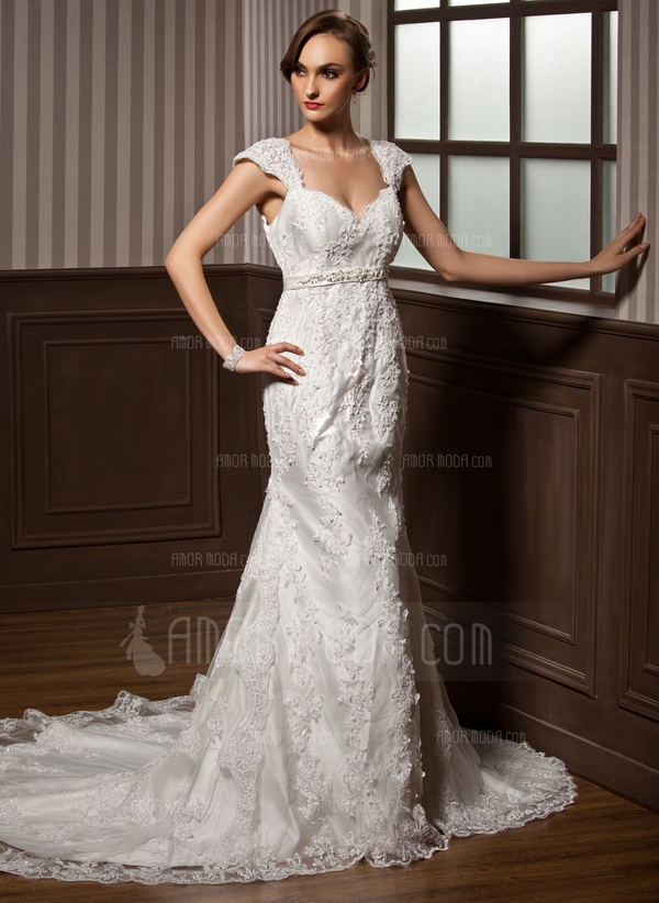 Trompete/Sereia Coração Trem da capela Cetim Tule Vestido de noiva com Renda Bordado Curvado