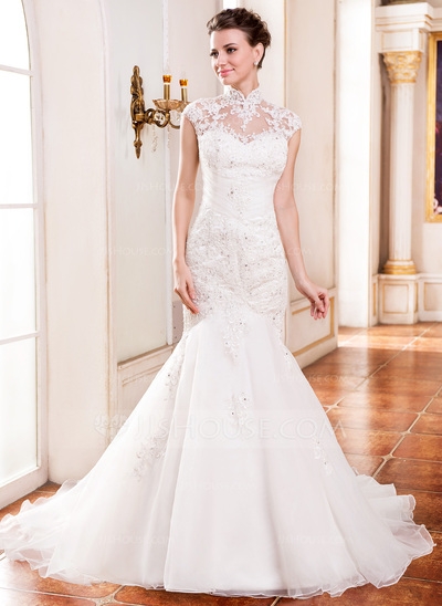 Trumpet/Mermaid High Neck Cathedral Train Organza Wedding Dress