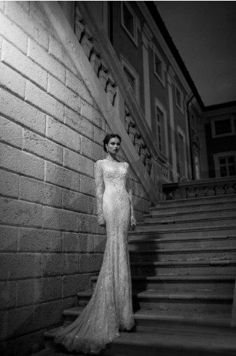 Trumpet-Mermaid Jewel Long Sleeve Sweep-Brush Train Lace Wedding Dress with Beading and Appliques LW