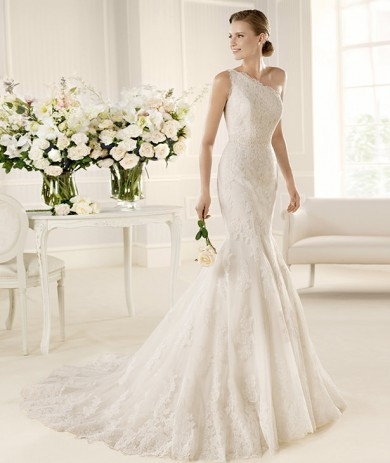 Trumpet Mermaid One Shoulder Chapel Train Ivory Wedding Dress H5ls0158