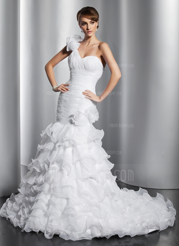 Trumpet/Mermaid One-Shoulder Chapel Train Organza Wedding Dress