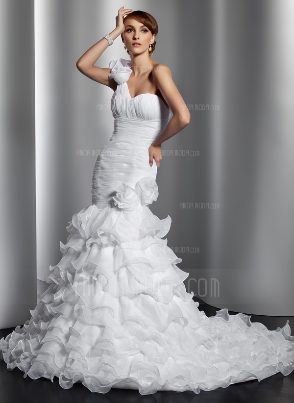 Trumpet/Mermaid One-Shoulder Chapel Train Organza Wedding Dress With Flower(s) Cascading Ruffles
