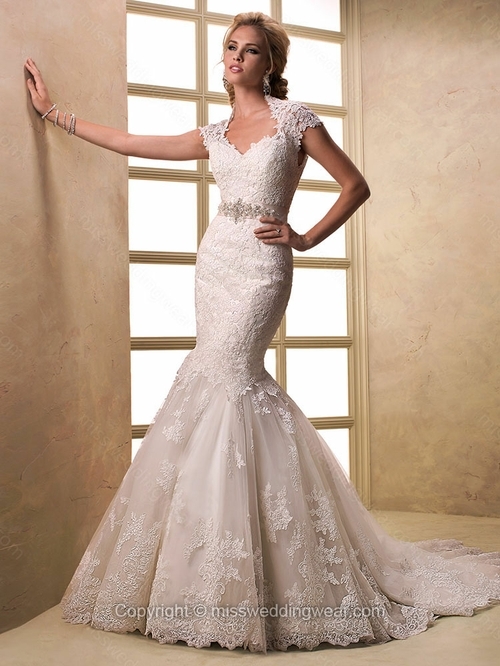 Trumpet/Mermaid Queen-anne Lace Court Train Sashes / Ribbons Wedding Dresses