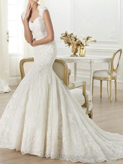 Trumpet/Mermaid Queen-anne Lace Tulle Court Train Beading Wedding Dresses