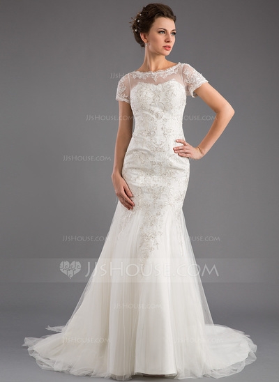 Trumpet/Mermaid Scoop Neck Court Train Tulle Wedding Dress 