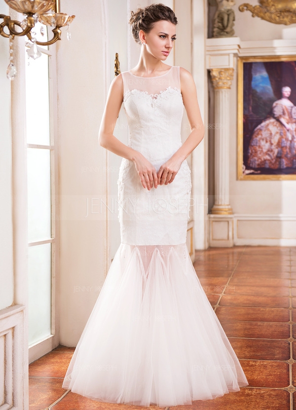Trumpet/Mermaid Scoop Neck Floor-Length Tulle Lace Wedding Dress