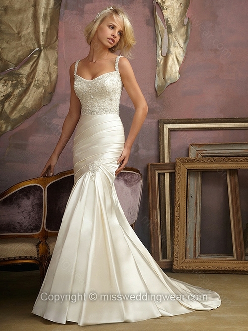 Trumpet/Mermaid Spaghetti Straps Satin Sweep Train Ivory Beading Wedding Dresses