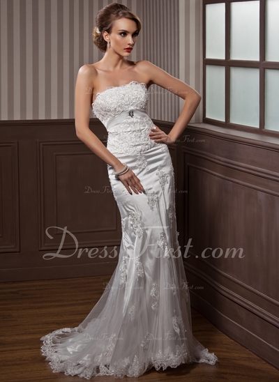 Trumpet/Mermaid Strapless Court Train Tulle Charmeuse Wedding Dress