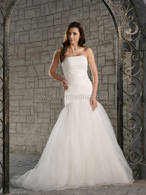 Trumpet/Mermaid Strapless Tulle Satin Floor-length Ruffles Wedding Dresses