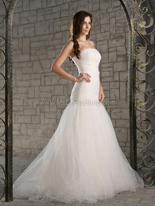 Trumpet/Mermaid Strapless Tulle Satin Floor-length Ruffles Wedding Dresses - Image 2