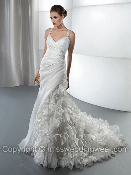 Trumpet/Mermaid Straps Organza Chapel Train Ivory Tiered Wedding Dresses