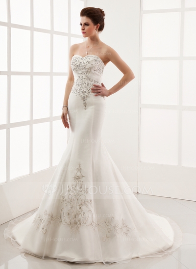 Trumpet/Mermaid Sweetheart Chapel Train Organza Satin Wedding Dress With Embroidered Beading 