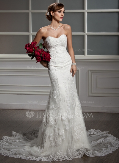 Trumpet/Mermaid Sweetheart Chapel Train Satin Tulle Wedding Dress With Lace Pleated 