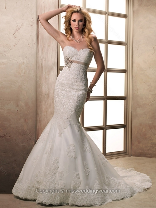 Trumpet/Mermaid Sweetheart Lace Court Train Sashes / Ribbons Wedding Dresses