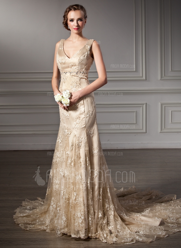 Trumpet/Mermaid V-neck Chapel Train Satin Lace Wedding Dress With Beading 
