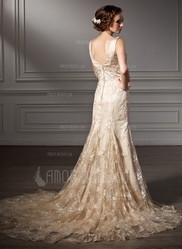 Trumpet/Mermaid V-neck Chapel Train Satin Lace Wedding Dress With Beading  - Image 2