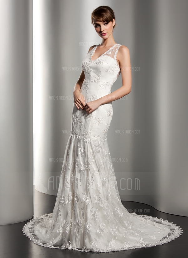 Trumpet/Mermaid V-neck Court Train Satin Lace Wedding Dress