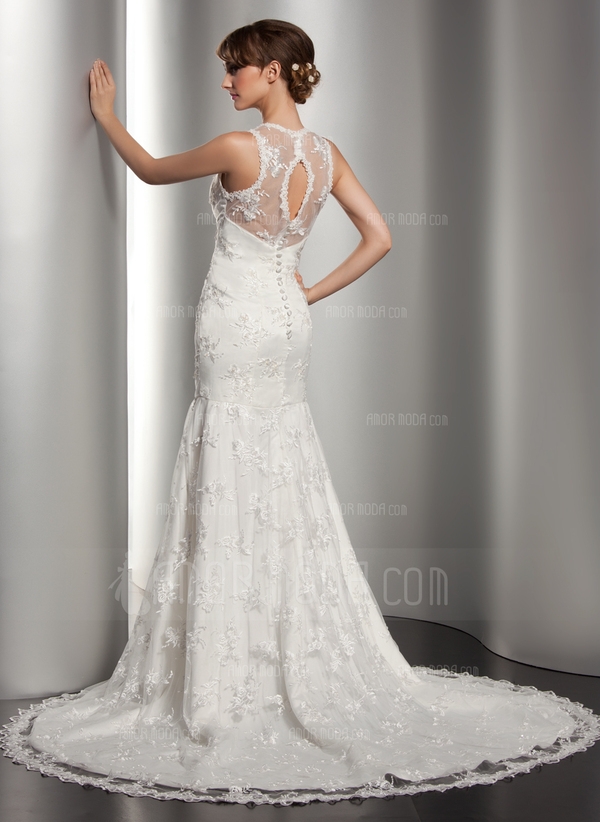 Trumpet/Mermaid V-neck Court Train Satin Lace Wedding Dress - Image 2