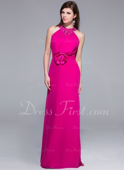 Tubo Decote redondo Chá comprimento De chiffon Charmeuse Vestido de festa com Bordado fecho de corre