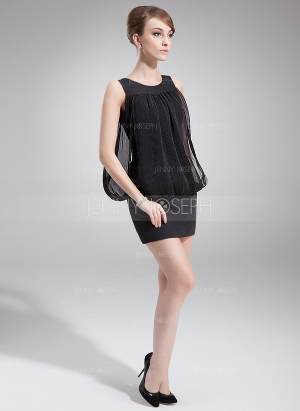 Tubo Decote redondo curto comprimento De chiffon Vestido de cocktail com Pregueado (016008690)