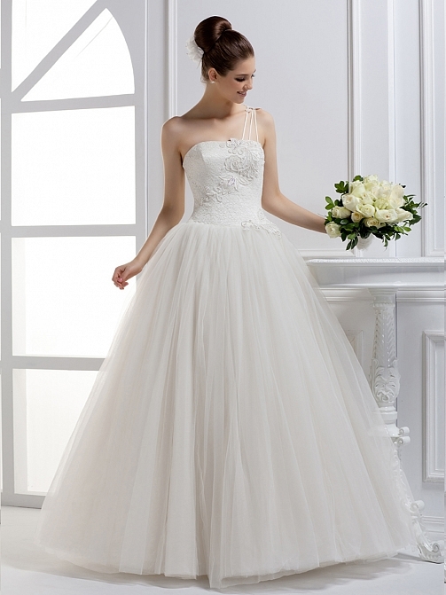 Tulle Ball Gown One Shoulder Natural Waist Floor Length Wedding Dress