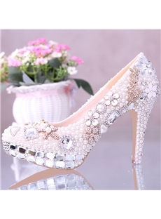 Unique Closed Toe Lace Flowers Crystal Stiletto Heel Wedding 