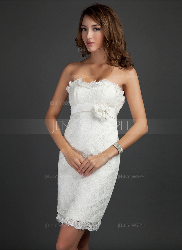 Vestido tubo Estrapless corto rodilla-longitud Satén Encaje Baile de promoción con Bordado Flores Ca