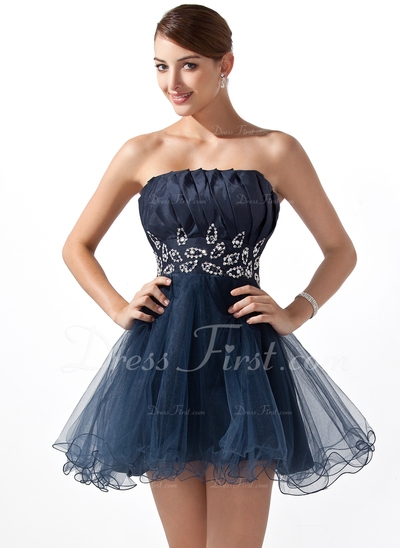 Vestidos princesa/ Formato A Decote recortado curto comprimento Tafetá Tule Vestido de boas vindas c
