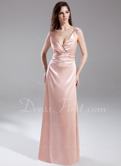 Vestidos princesa/ Formato A Decote V Chá comprimento Charmeuse Vestido de madrinha com Pregueado (0