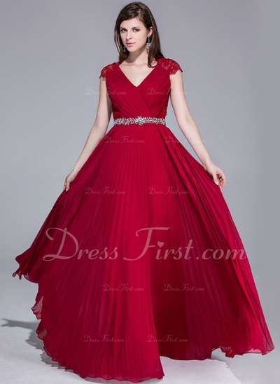 Vestidos princesa/ Formato A Decote V Chá comprimento De chiffon Renda Vestido de baile com Preguead